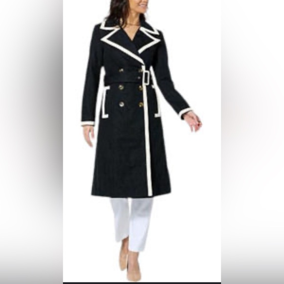 Kathy Ireland Jackets & Blazers - Kathy Ireland Black And White Eyelet Trench Coat With Soft Faux Leather Trim